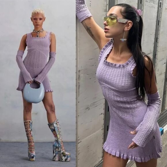 Dua Lipa Heaven by Marc Jacobs Pointelle Knit Lace Dress and Arm Warmers - Picture 1 of 15